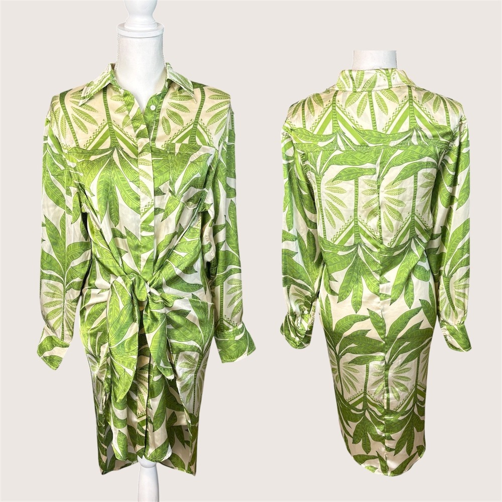 Shop The Chic Girl Palm Print Tie Front Shirt Dress Green White Tropical Small